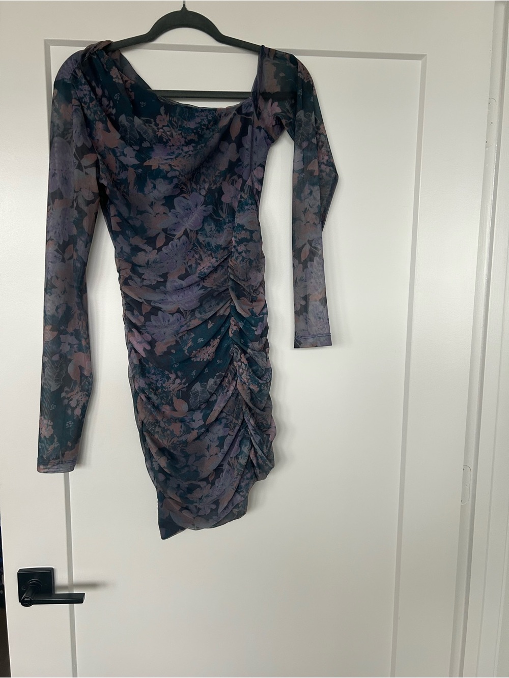 Free People Navy and Lavender Floral Ruched Long Sleeve Dress
